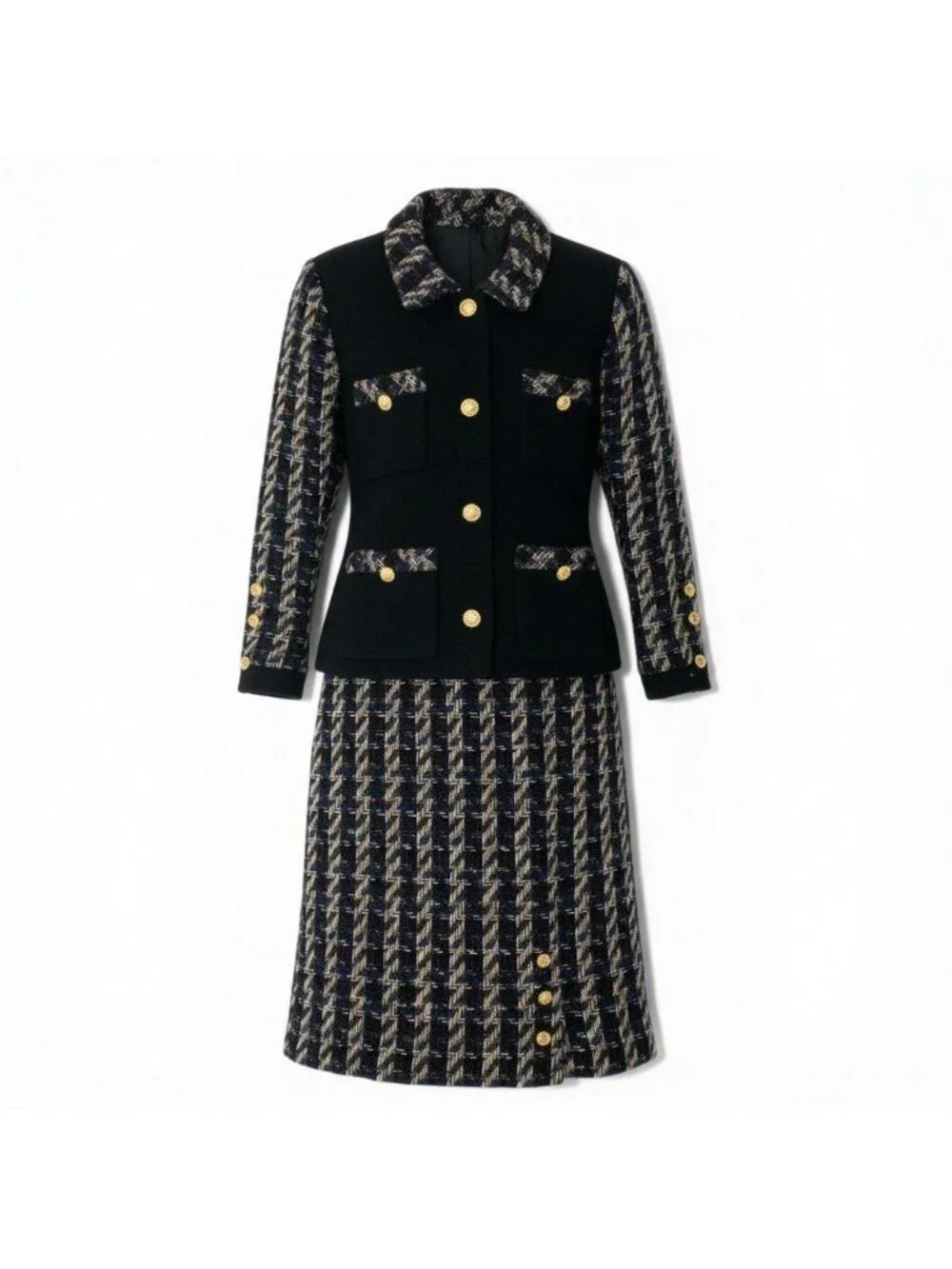 Chanel C Vintage Tweed Skirt Jacket & Set CC Logo Gold Button